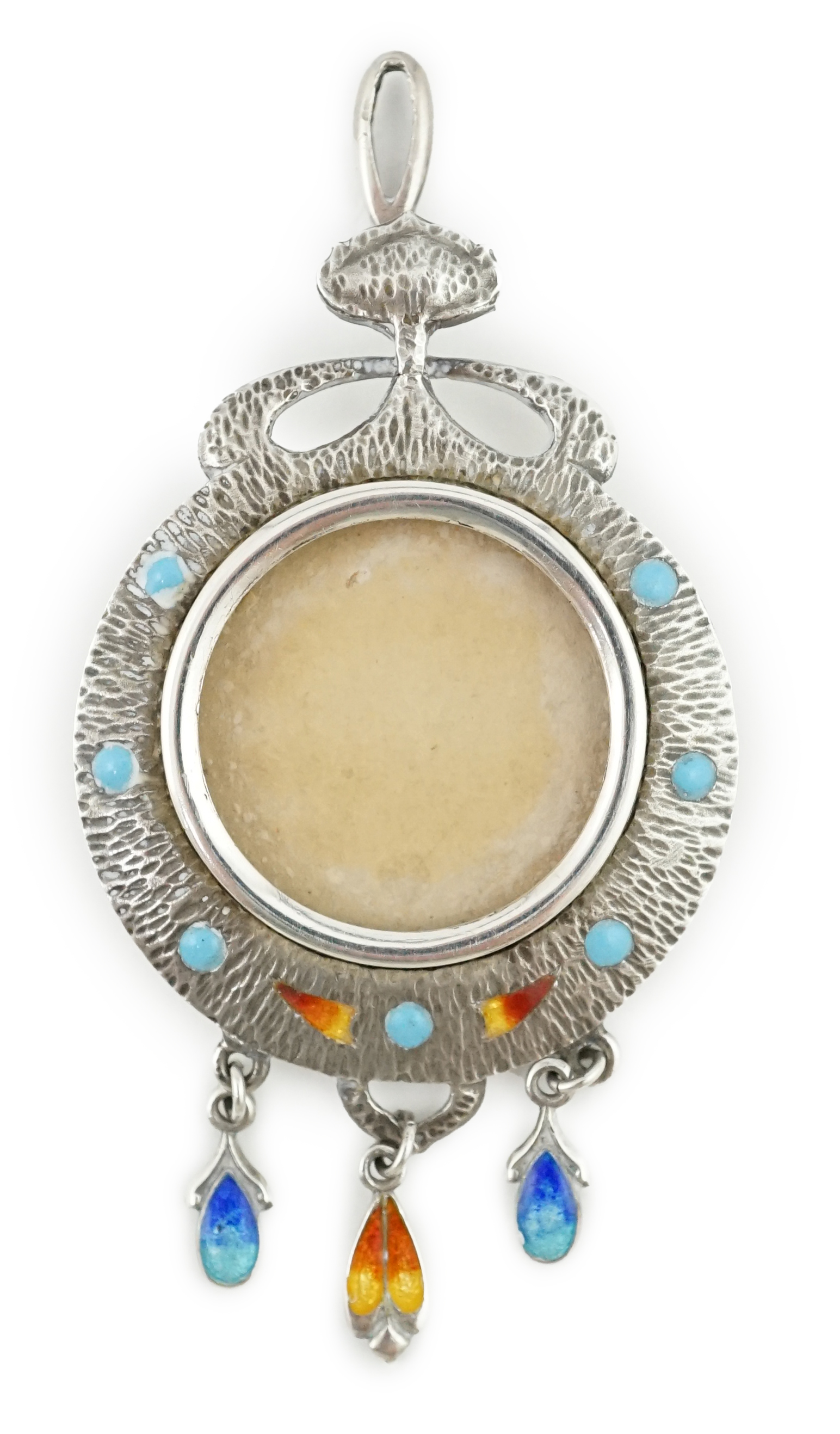 An Edwardian Art Nouveau silver, enamelled and turquoise inset bark textured silver portrait pendant, Abrahall & Bint